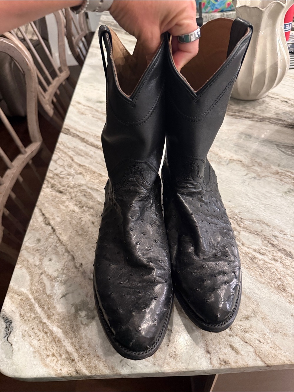Tecovas Black Leather Ostrich-Texture Western Boots - Picture 2 of 6